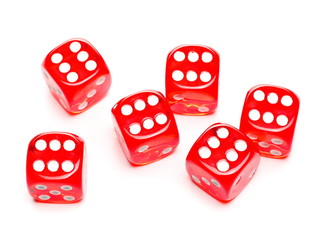 Red playing, gambling dice for tabletop games and poker isolated on white background with clipping 