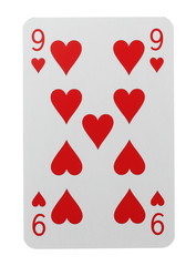 Nine of hearts, playing card for poker and casinos, isolated on white background with clipping path