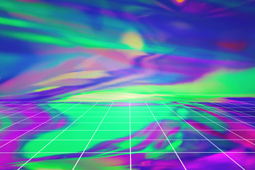 AbstrBlurred background in violet, pink and mint colors with perspective grid. Abstract holographic backdrop in 80s style. Retro futurism, webpunk. Surreal cyber space scene with copy space. 3D