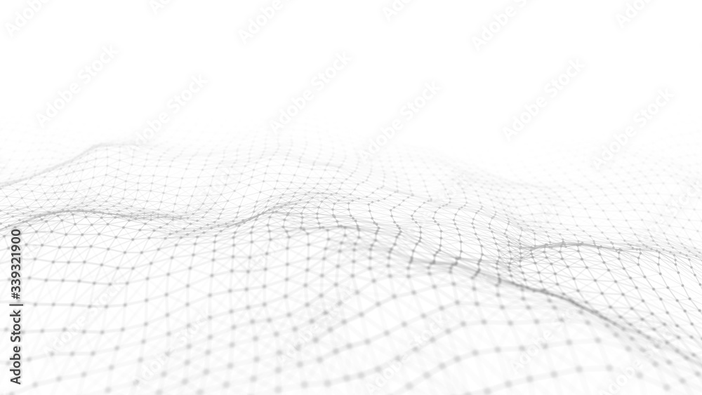 Poster Wave white background. Abstract white futuristic background. Wave with connecting dots and lines on white background. Wave of particles. 3D rendering.