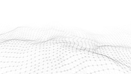 Wave white background. Abstract white futuristic background. Wave with connecting dots and lines on white background. Wave of particles. 3D rendering.