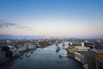 Naklejka premium London City, 20 April 2020: Aerial view at dusk of London financial district 