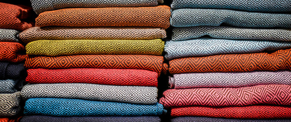 stacked multicolored clothing fabric in the closet bed linen banner