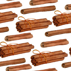 seamless watercolor hand drawn pattern with dried brown realistic cinnamon sticks spices aromatic condiment for mulled wine cuisine cooking eating cassia for healthy organic food packaging labels