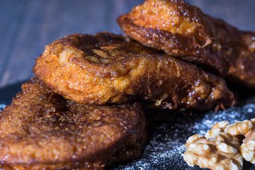 Lent spanish dessert called `torrijas` Gastronomic concept.