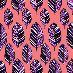 Fototapeta na wymiar Modern abstract seamless pattern with creative colorful tropical leaves for design. Retro bright summer background. Jungle foliage illustration. Swimwear botanical design. Vintage exotic print.