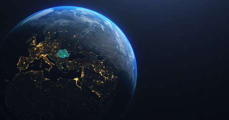 Carte de la Roumanie depuis l& 39 espace extra-atmosphérique, technologie de la planète terre en surbrillance turquoise, illustration 3d, éléments de cette image avec l& 39 aimable autorisation de la NASA