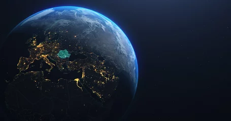 Papier Peint photo Pleine Lune arbre Carte de la Roumanie depuis l& 39 espace extra-atmosphérique, technologie de la planète terre en surbrillance turquoise, illustration 3d, éléments de cette image avec l& 39 aimable autorisation de la NASA