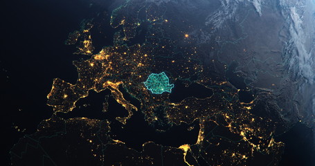Romania map from outer space, teal highlight planet earth technology, 3d illustration, elements of this image courtesy of NASA - obrazy, fototapety, plakaty