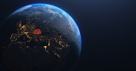 Romania map from outer space, red highlight planet earth technology, 3d illustration, elements of this image courtesy of NASA