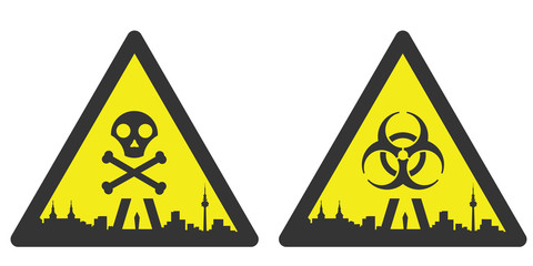 Obraz premium Madrid Danger Emergency Biological Hazard Signs and Skyline