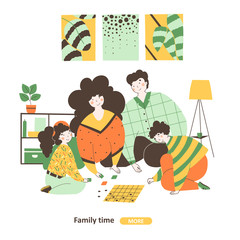 Family time isolation, flat vector illustration. Board games cartoon illustration.