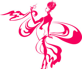 silhouette of elegant luxurious woman in beautiful waving dress drinks cocktail on white background