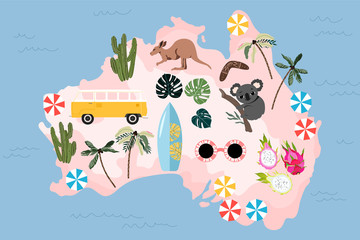 Illustrated map of Australia. Australian culture, nature, and traditions on a map. Hand-drawn modern vector illustration for web and print. Trendy Australian map design.