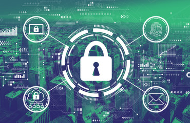 Internet network security concept with downtown San Francisco skyline buildings