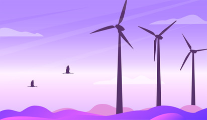 Beautiful landscape with windmills.Vector image of an alternative energy resource.