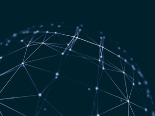 Abstract technology neural network and sphere geometry orb and polygonal lines and dots. Futuristic Technology, digitally generated image, 3d rendering