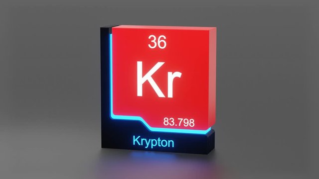 Krypton, periodic table element 3D animation, modern educational red icon with blue neon light	