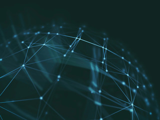 Abstract technology neural network and sphere geometry orb and polygonal lines and dots. Futuristic Technology, digitally generated image, 3d rendering