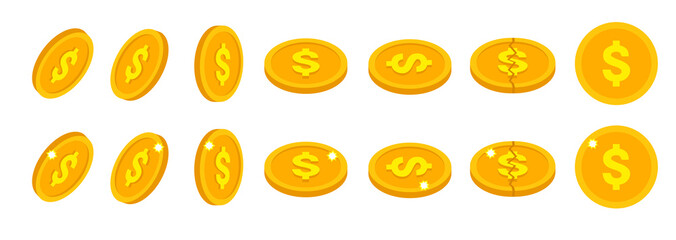 Set of golden dollar coins icons in flat isometric style