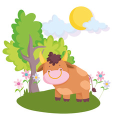 farm animals bull in the grass with flowers tree cartoon