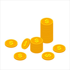 Golden dollar coins stack in flat isometric style