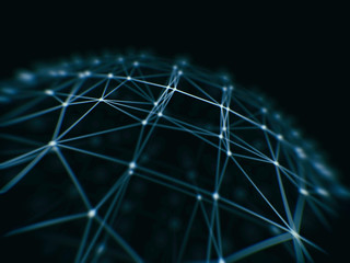 Abstract technology neural network and sphere geometry orb and polygonal lines and dots. Futuristic Technology, digitally generated image, 3d rendering