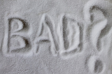 Bad, inscription on salt, an question mark. Rejection of salty, diet and weight loss. Heart or...