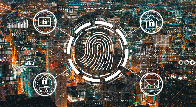 Fingerprint scanning theme with downtown Chicago cityscape skyscrapers