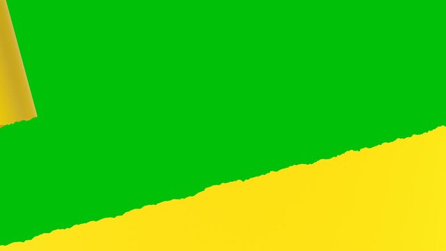 Yellow paper ripping into diagonal stripes, that rolled up opening the background. Green chroma key and luma matte included. 3d animation