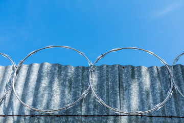 Concertina wire installed atop of the corrugated security metal fence. Blue sky.