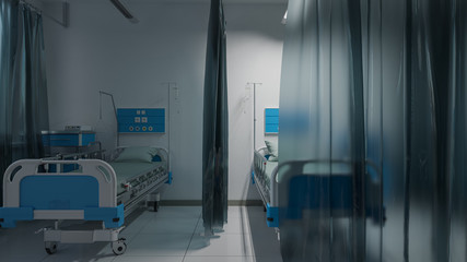 Empty Patient Beds Inside a Partially Illuminated Hospital Ward 3D Rendering
