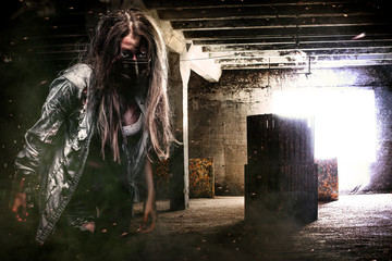 Halloween poster with zombie after COVID-19 Pandemic Coronavirus infection. Horror. Woman wearing...