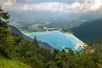Panoramic view of Santa Croce lake and Alpago municipality in the Province of Belluno in region of Veneto, Italy