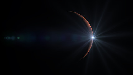 Sun slowly Rises and illuminates the Mars Red Planet in space creating a thin bright Rim. (Elements of this image furnished by NASA). 3D Rendering.