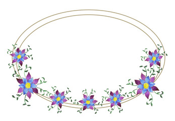 Frame in the form of two golden ellipses with seven watercolor blue-lilac flowers. Isolated raster elements on a white background.