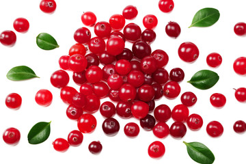 Cranberry with green leaves isolated on white background. top view
