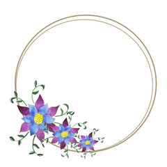 Frame in the form of two golden circles with three watercolor blue-lilac flowers. Isolated raster elements on a white background.