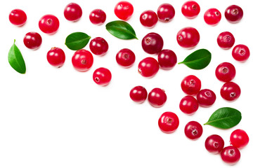 Cranberry with green leaves isolated on white background. top view