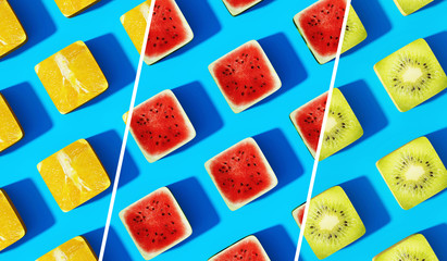 Set of Watermelon, Orange and Kiwi Fruit on Blue background with same shadows. Abstract Food Background in Flat Lay Style Top View