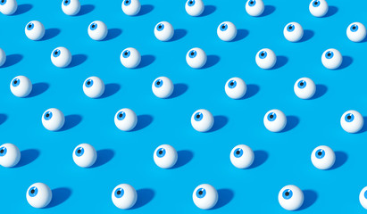 Heap of Cartoon Eyes Look Up on Blue Background with same shadows. Abstract Pattern Background in Pop Art Style. 3D Rendering