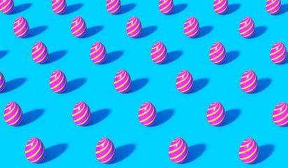 Heap of Painted Easter Eggs on Blue Background with same shadows. Abstract Happy Easter Background in Pop Art Style. 3D Rendering