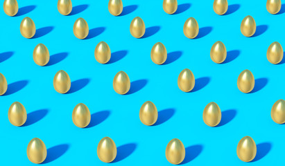 Heap of Golden Easter Eggs on Blue Background with same shadows. Abstract Happy Easter Background in Pop Art Style. 3D Rendering