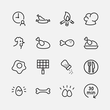Simple Set of Chicken Well-crafted Vector Line Icons. Contains such Icons as Rooster, Eggs, Scrambled, Chef's Hat, Sausages, Salt, Grill, Time, Plate, Fork, Knife. Editable Stroke. 48x48 Pixel Perfect
