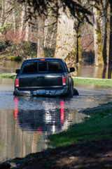 a big black truck in a flooded park