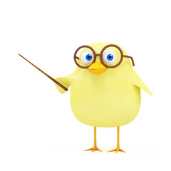 Cartoon Funny Little Chicken Teacher with School Pointer isolated on white background