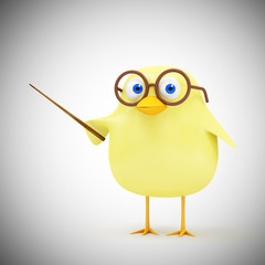 Cartoon Funny Little Chicken Teacher with School Pointer on gradient background