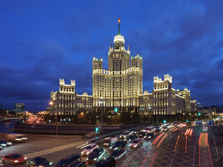 Long exposure. Defocused photography of Moscow cityscape at spring night. Stalinist neoclassical...