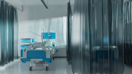 Medical Bed Inside a Hospital Room Separated with Curtains in Natural Daylight 3D Rendering