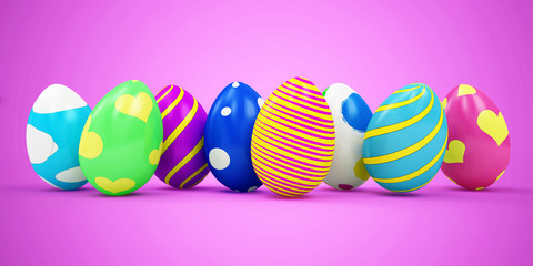 Group of Different Painted Easter Eggs on pink background. 3D Rendering